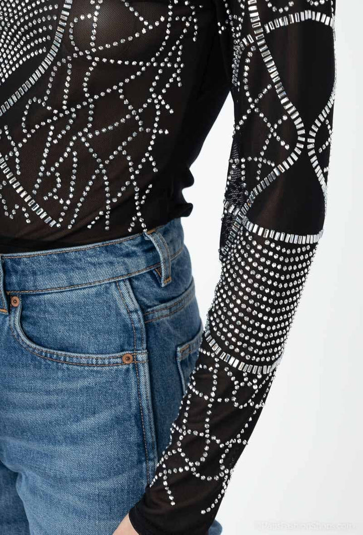 A-bee - Beaded Rhinestone Bodysuits J28398 - Black Bluser 