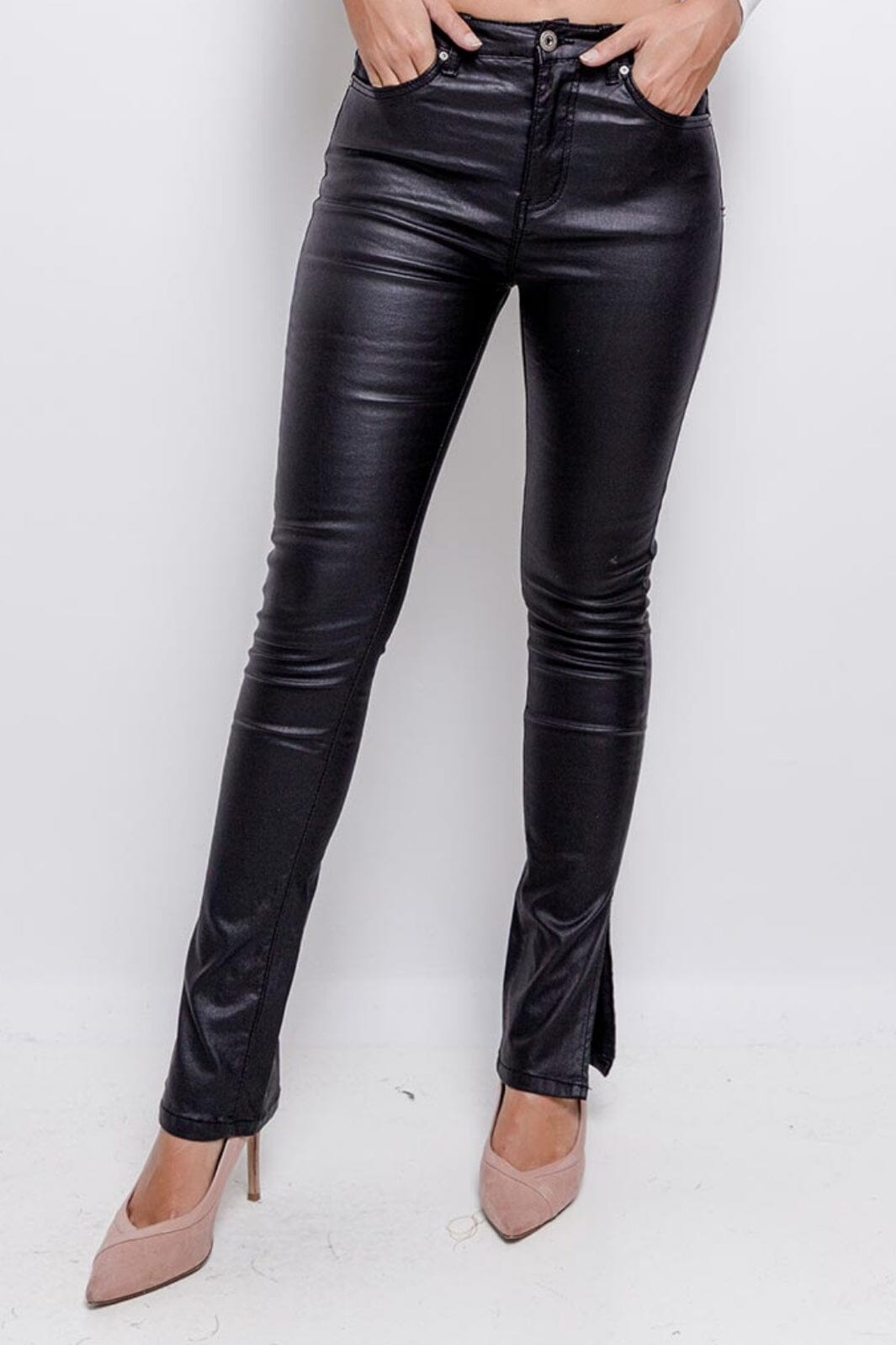 A-bee - Fake Leather Split Pants 7267 - Black Bukser 