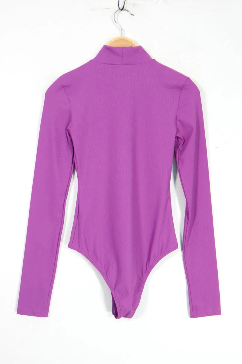 A-bee - Long Sleeve Mock Neck Bodysuit 1603 - Purple Bodystockings 