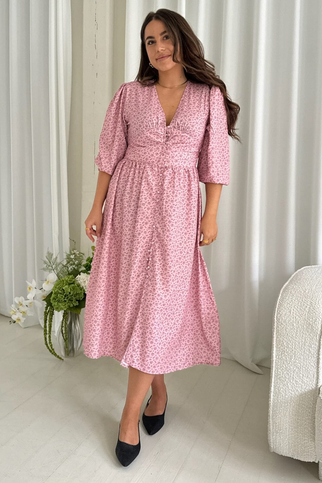 Forudbestilling - BYIC - Adelic Long Dress - pfsp Pink Flower Stem Print Kjoler 