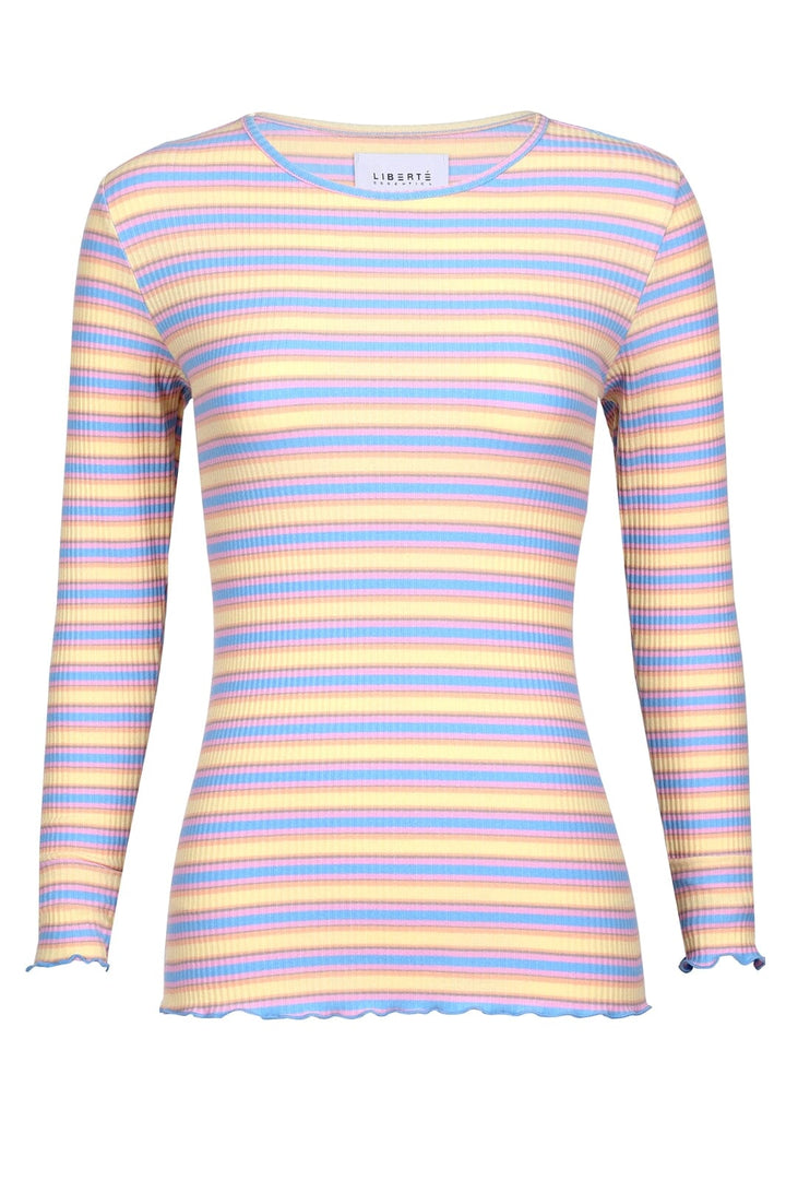 Forudbestilling - Liberte - Natalia Ls Round Neck Blouse - Yellow Rose Blue Stripe Bluser 