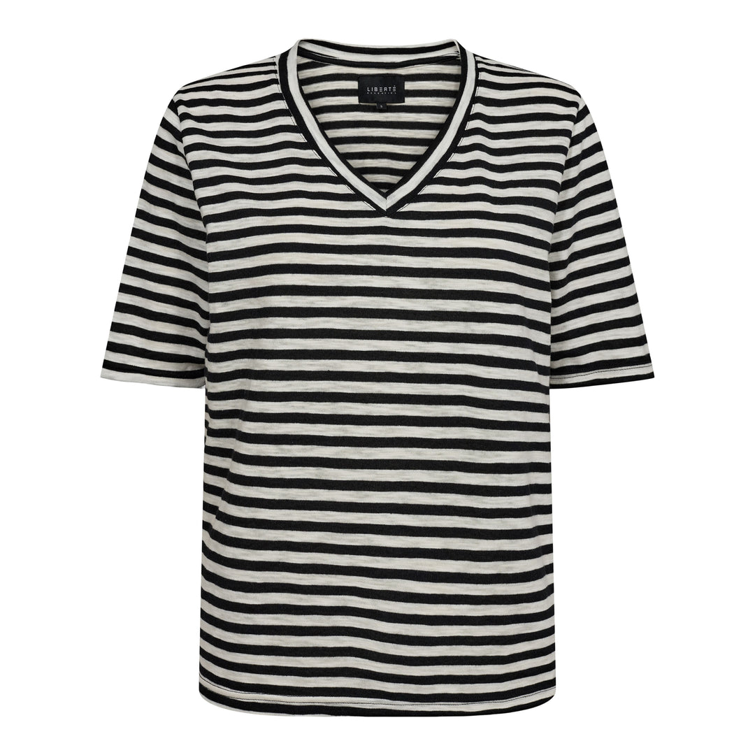 Forudbestilling - Liberte - Ulla-Ss-Vneck-Stripe-Tshirt - Black White Stripe T-shirts 