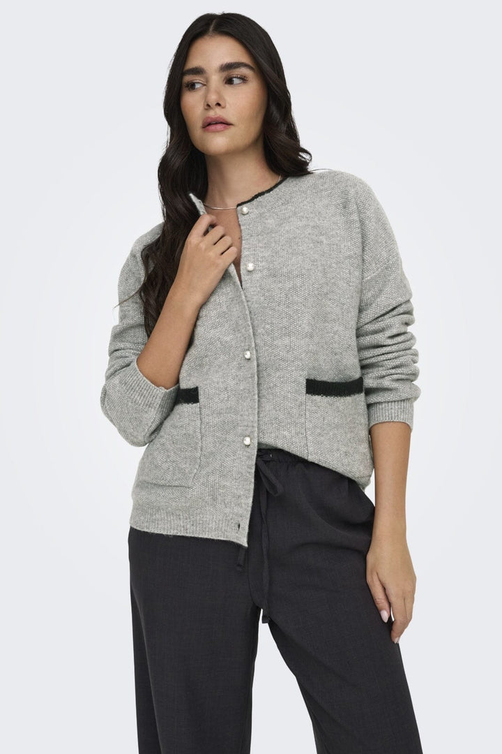 JDY - Jdylumi Life L/S O-Neck Cardigan Knt 15335456 - 4622603 - Medium Grey Melange Black Contrast Edges