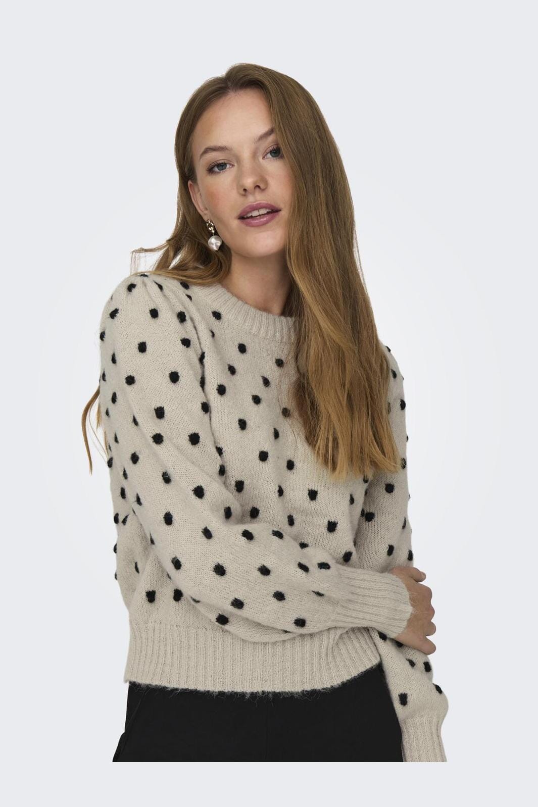 Jdy - Jdysigrid Life L/S On Puff Pull Knt - 4358569 Cement W. Black Dots