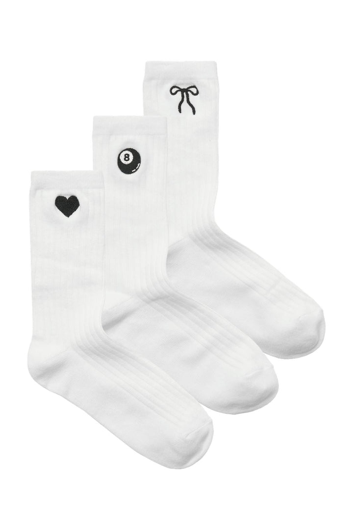 Jjxx - Jxreese Embroidery Sock 3-Pack Acc - 4747117 White W. Ribbon/Heart/Eightball