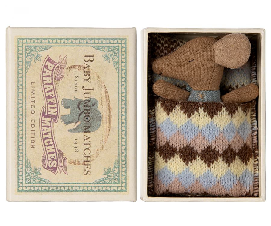 Maileg - Sleepy Wakey Baby Mouse In Matchbox - Blue Legetøj 