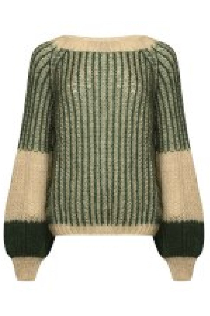 Noella - Liana Knit Sweater - Beige/Bottle Green Strikbluser 