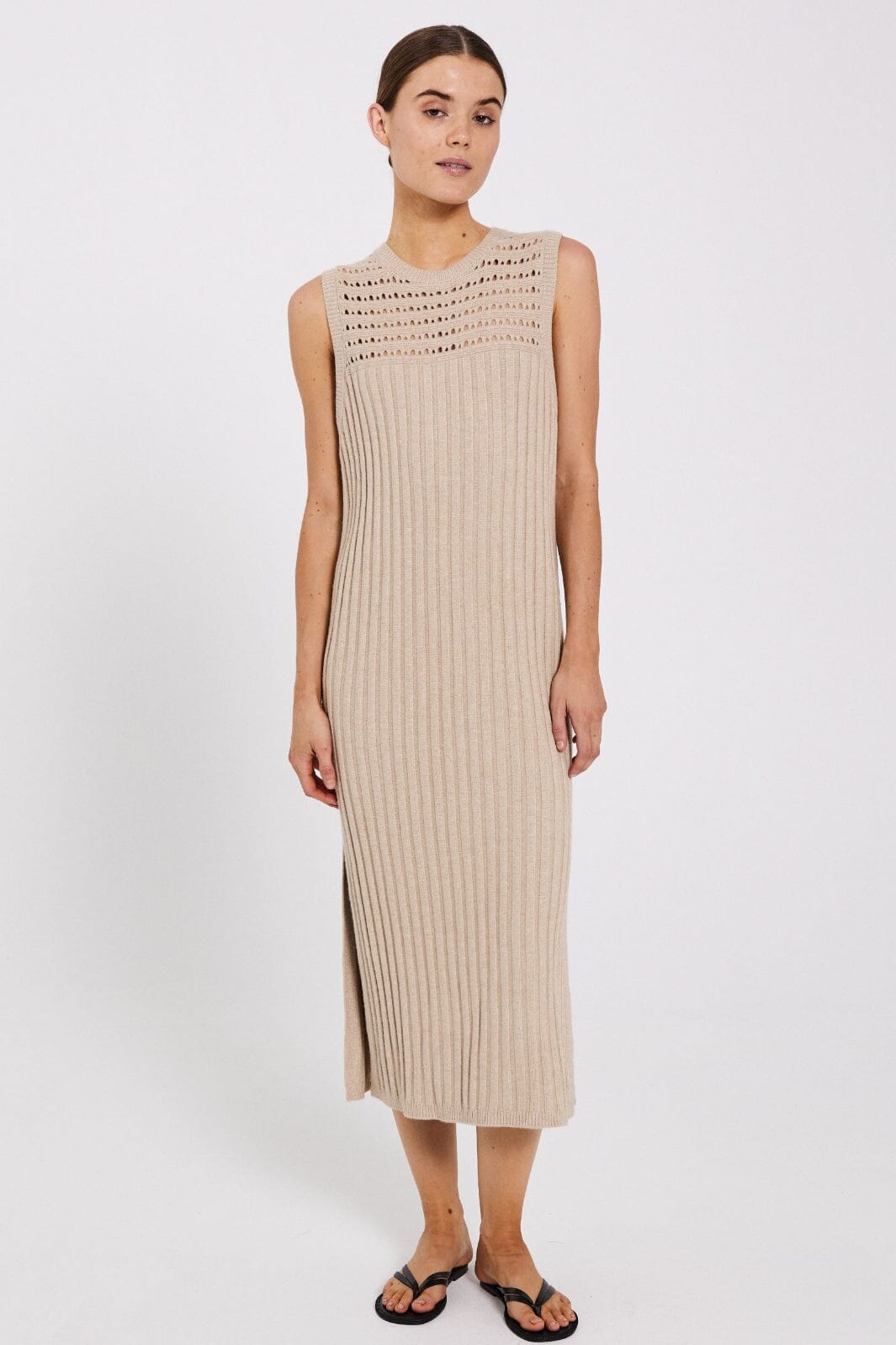 Norr - Crome Rib Knit Dress - Beige Mélange Kjoler 