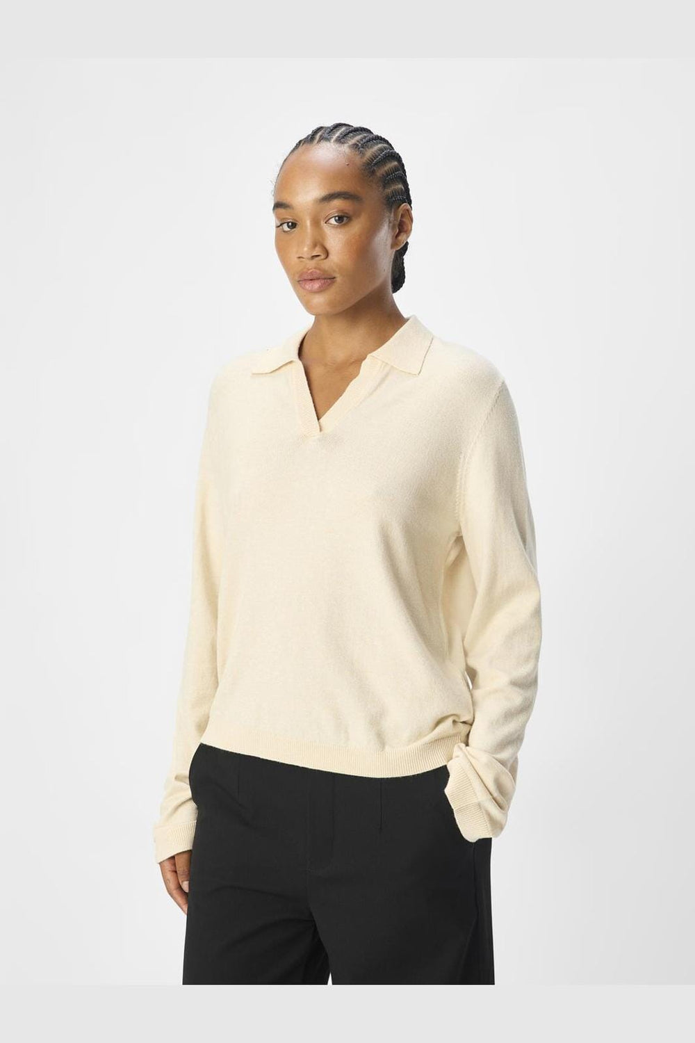 Object - Objthess L/S V-Neck Knit Polo - 4268438 Sandshell Melange