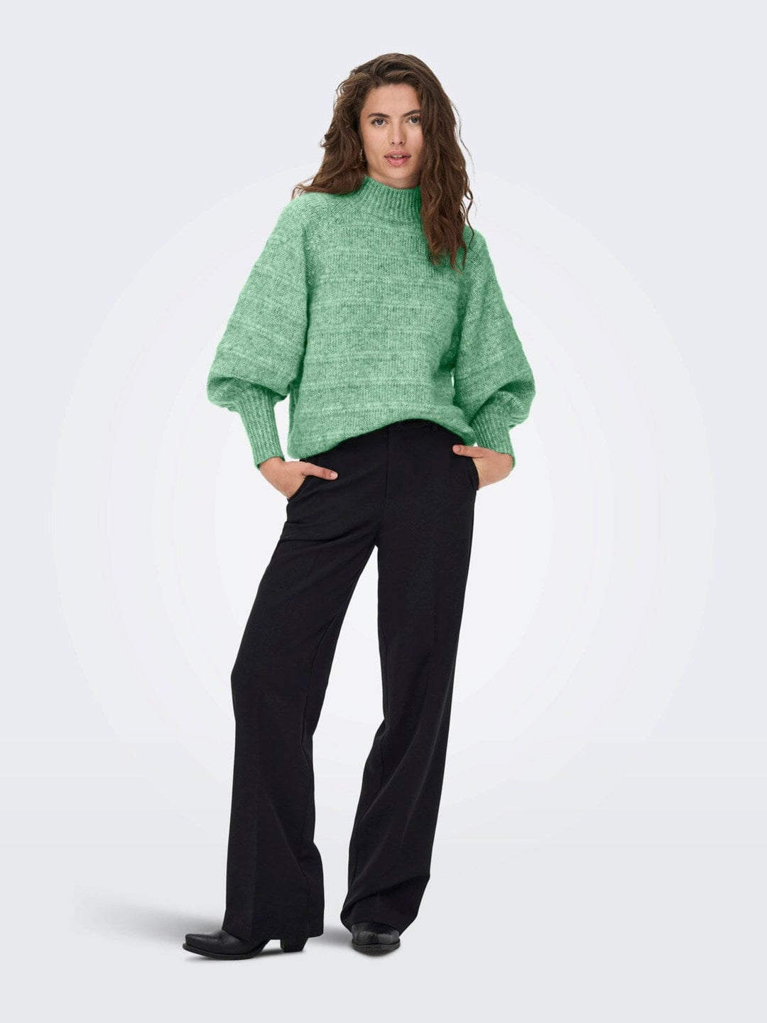 Only - Onlcelina Ls High Pullover Knt - 3970200 Green Bee W. Melange Strikbluser 