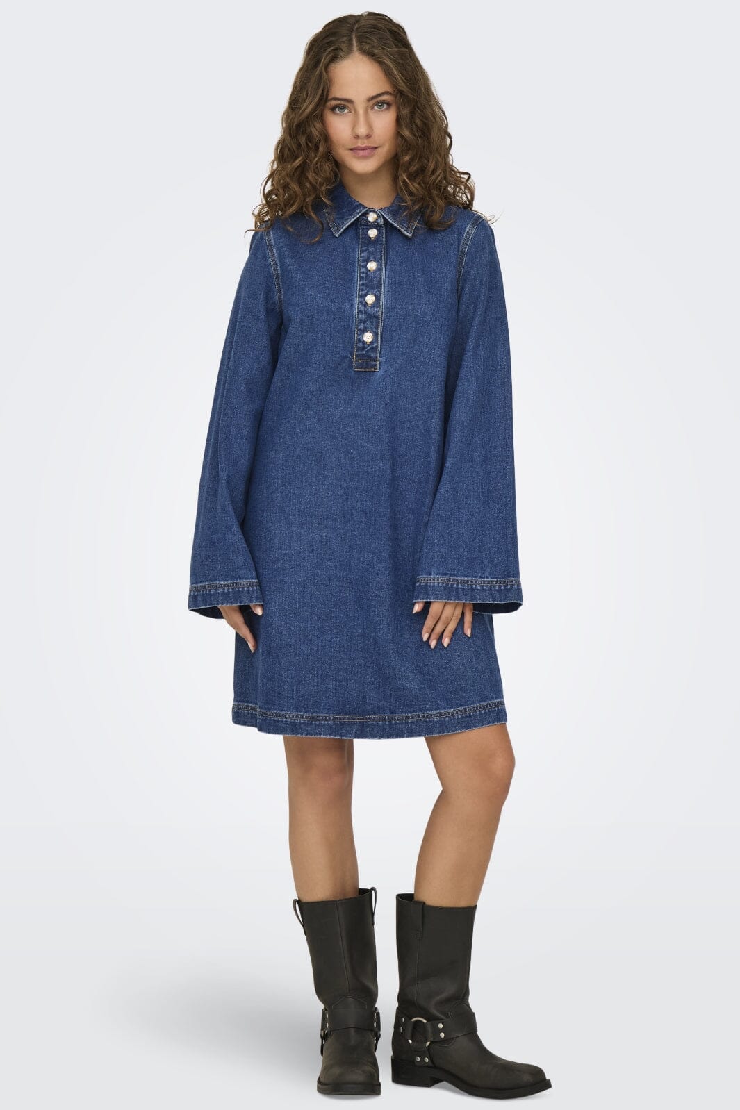 Only - Onlfreya L/S Bell Dress Gua - 4717375 Medium Blue Denim Kjoler 