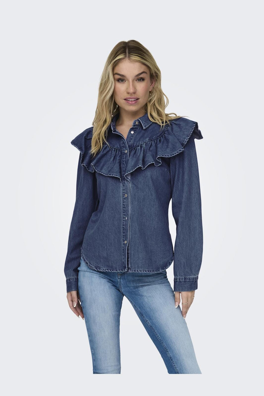 Only - Onlindigo Ls Frill Shirt Qyt - 4287142 Dark Blue Denim