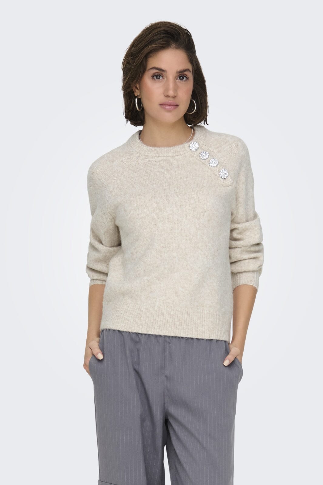 Only - Onllauren Life Ls O-Neck Button Knt - 4543531 Oatmeal Melange Strikbluser 