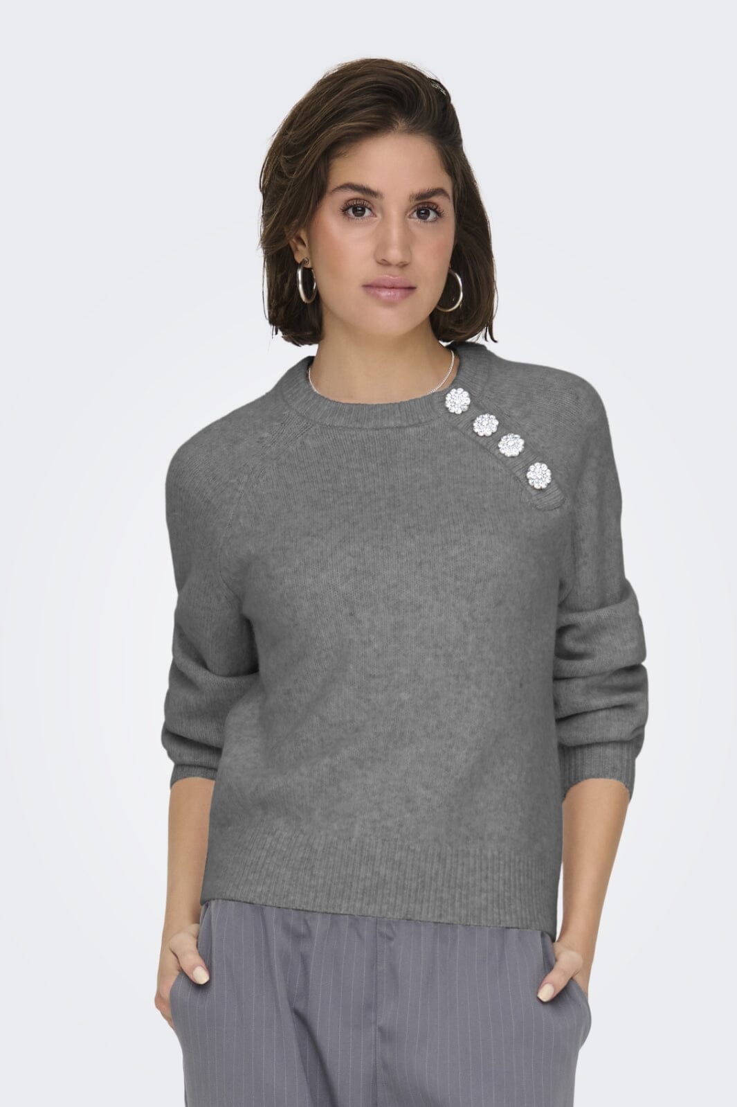 Only - Onllauren Life Ls O-Neck Button Knt - 4630760 Medium Grey Melange Strikbluser 