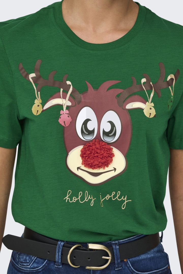 Only - Onlxmas Life Yrsa Christmas S/S Top - 4579229 Green Jacket Rudolph Bells T-shirts 