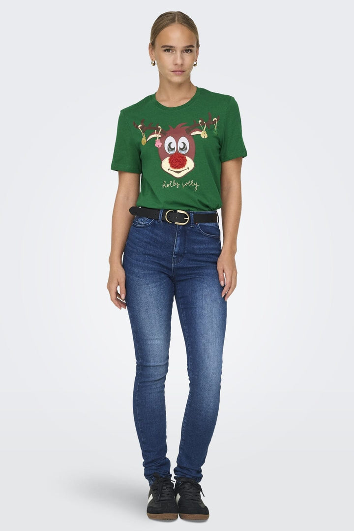 Only - Onlxmas Life Yrsa Christmas S/S Top - 4579229 Green Jacket Rudolph Bells T-shirts 