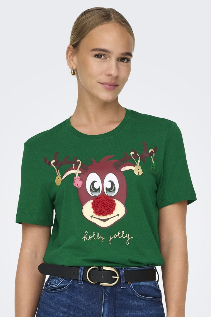 Only - Onlxmas Life Yrsa Christmas S/S Top - 4579229 Green Jacket Rudolph Bells T-shirts 