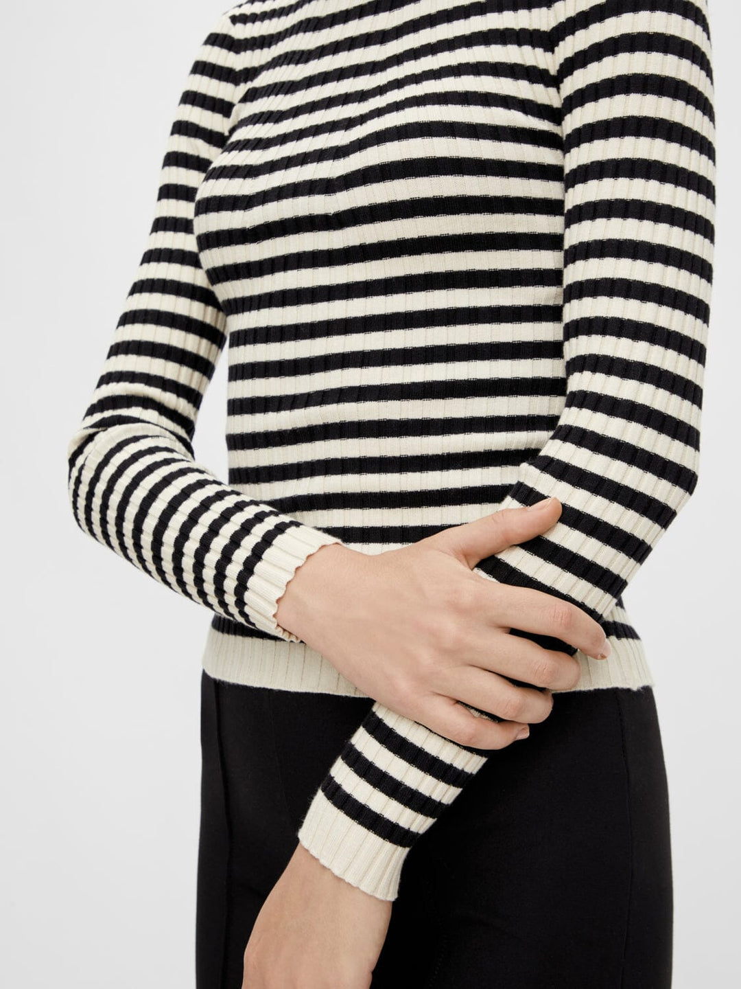 Pieces, Pccrista Ls O-Neck Knit, Black WITH BIRCH STRIPES M