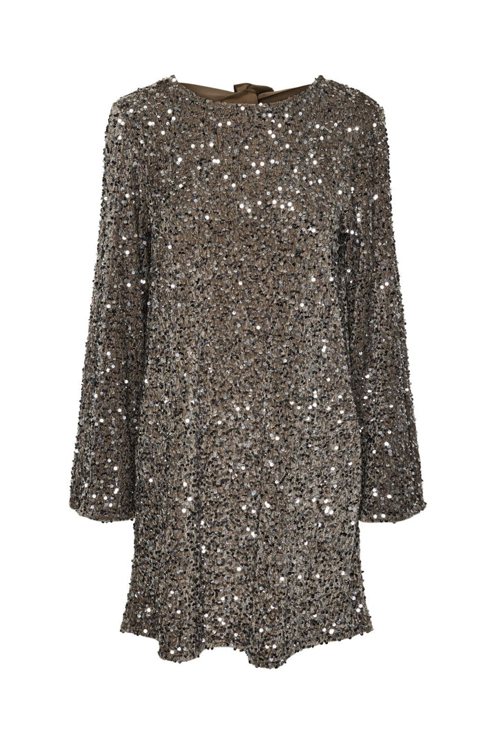 Pieces - Pckam Ls Deep Back Bow Dress - 4641534 Morel Silver Sequins