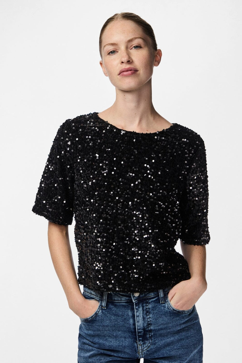 Pieces - Pckam Ss Top - 4617684 Black Black Sequins