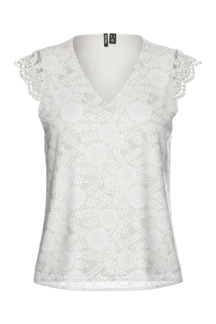 Pieces - Pcolline Sl Lace V-Neck Top 17154614 - 4642036 - Cloud Dancer