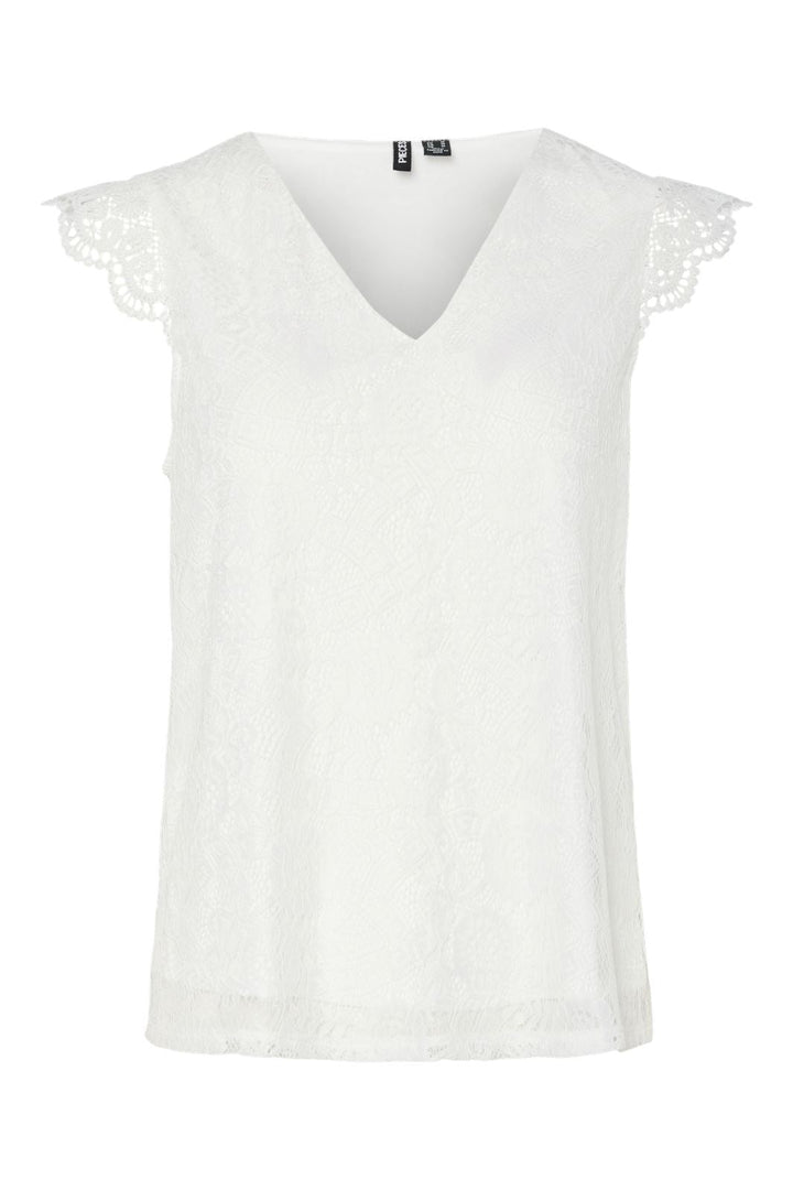 Pieces - Pcolline Sl Lace V-Neck Top 17154614 - 4642036 - Cloud Dancer