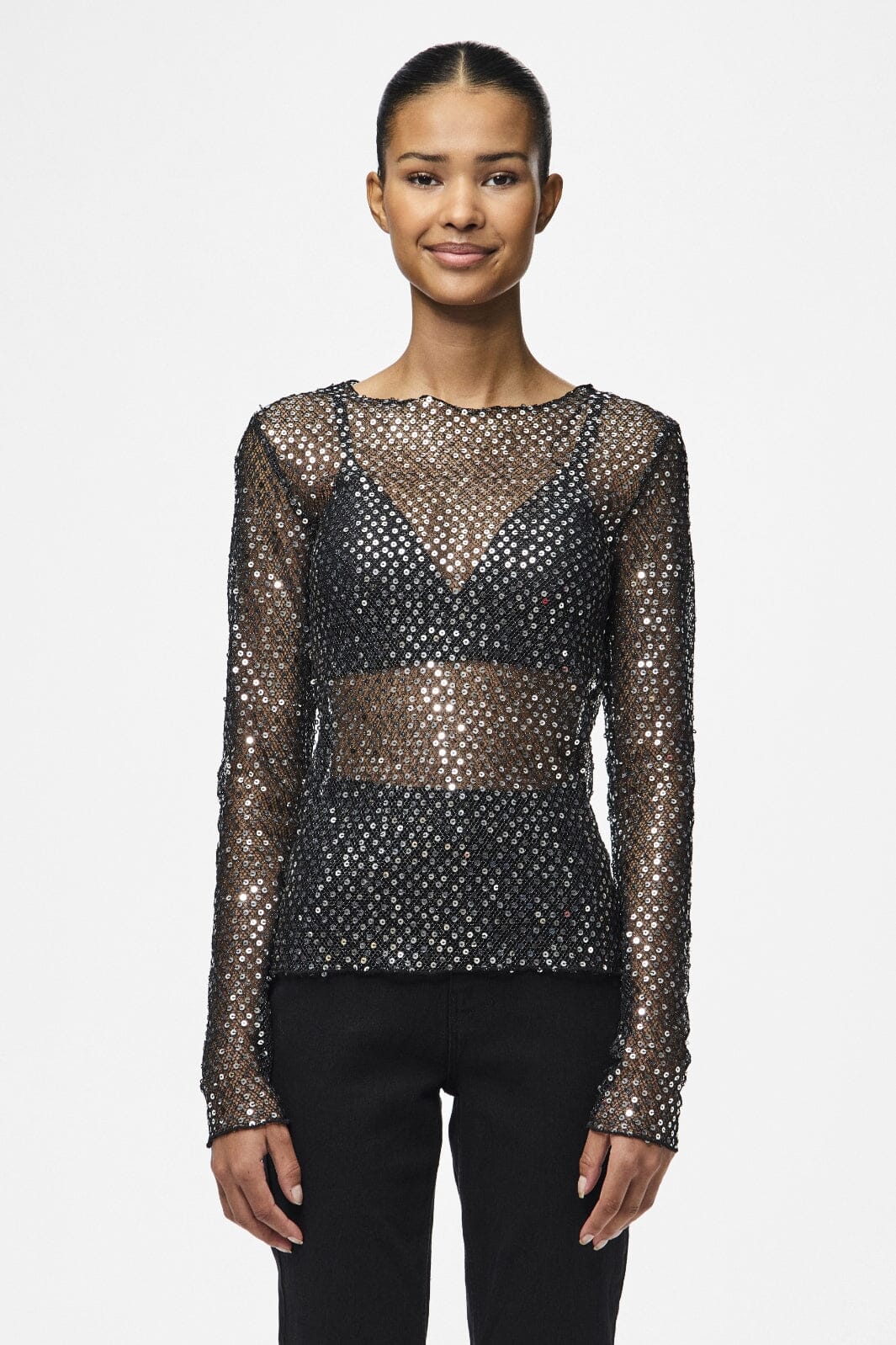 Pieces - Pcrissi Ls Sequins Top - 4610020 Black Silver Sequins Toppe 