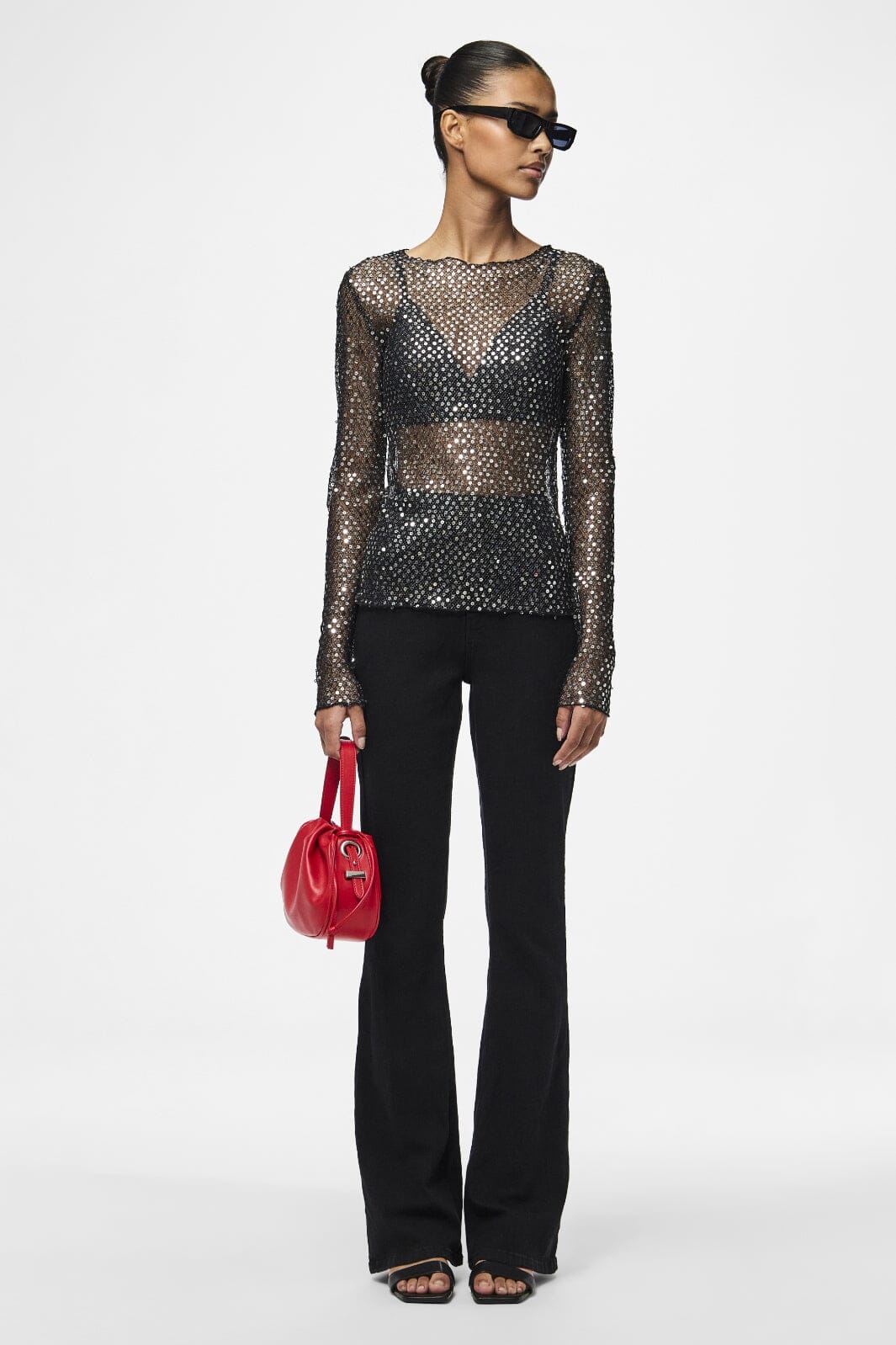 Pieces - Pcrissi Ls Sequins Top - 4610020 Black Silver Sequins Toppe 