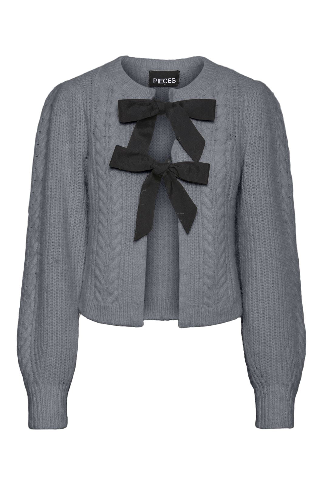 Pieces - Pcrow Ls O-Neck Bow Knit - 4673611 Medium Grey Melange Black Woven Bows