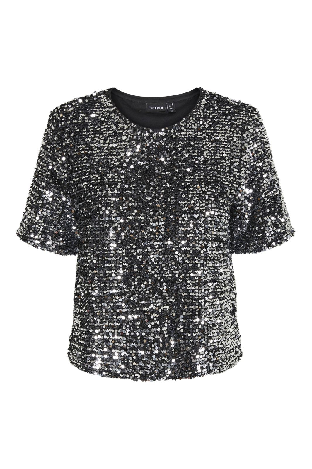 Pieces - Pcserena Sequin Ss O-Neck Top Mm - 4537227 Black Silver Sequince