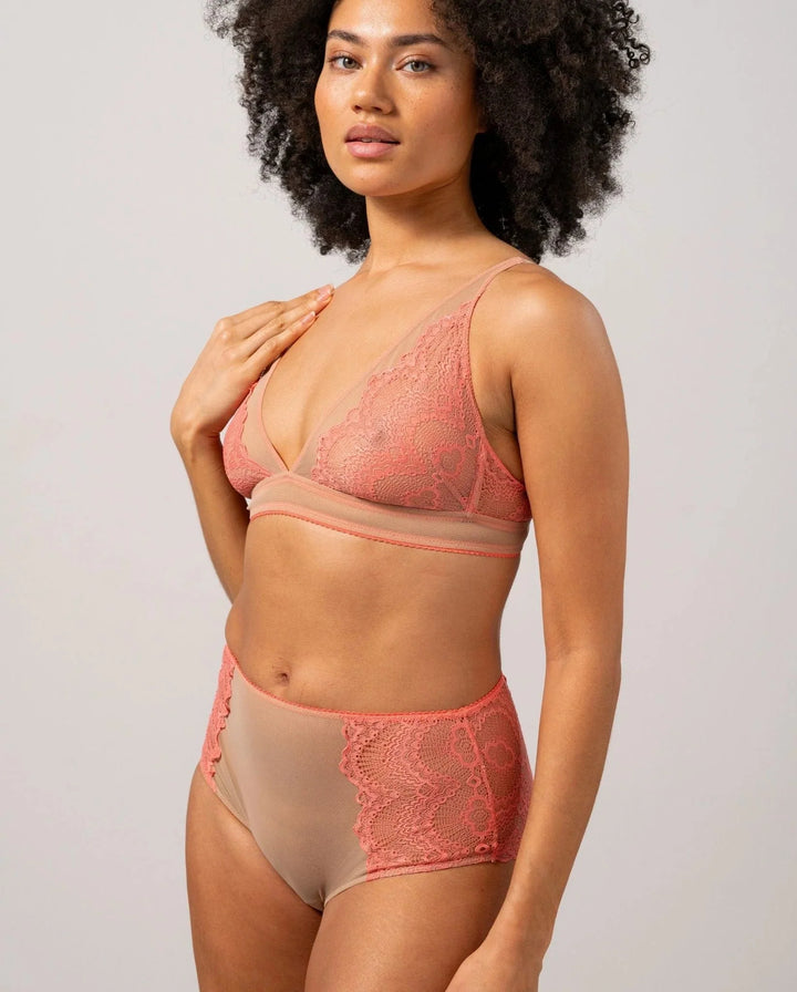 Understatement Underwear - Lace Mesh Highwaist Briefs - Coral/Sand Trusser 