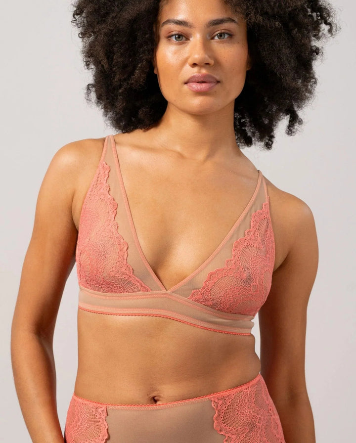 Understatement Underwear - Lace Mesh Plunge Bralette - Coral/Sand Undertøj 