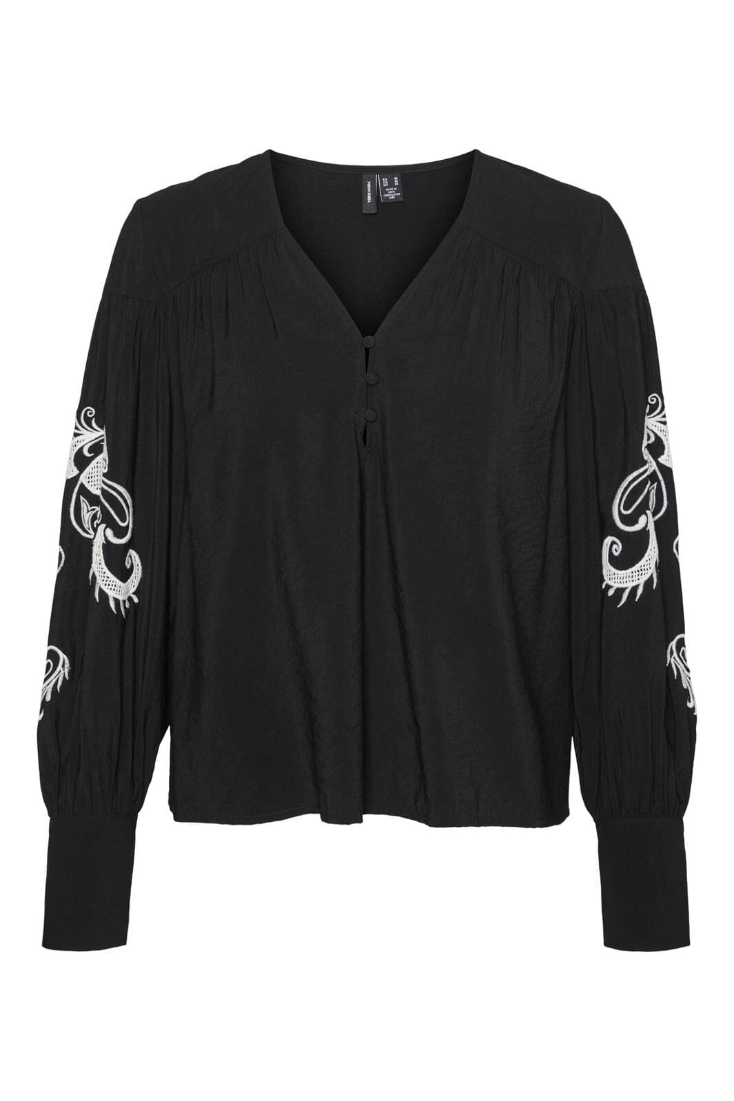 Vero Moda, Vmcharlotte L/S V-Neck Emb Top Pop7, Black WHITE EMB