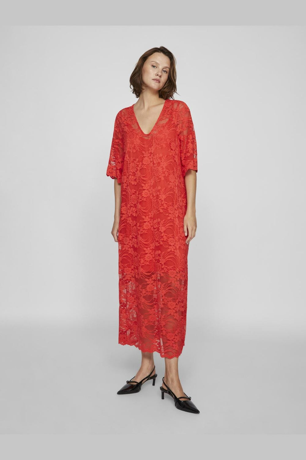 Vila - Vilorna 2/4 Lace Midi Dress - 4712155 Poppy Red